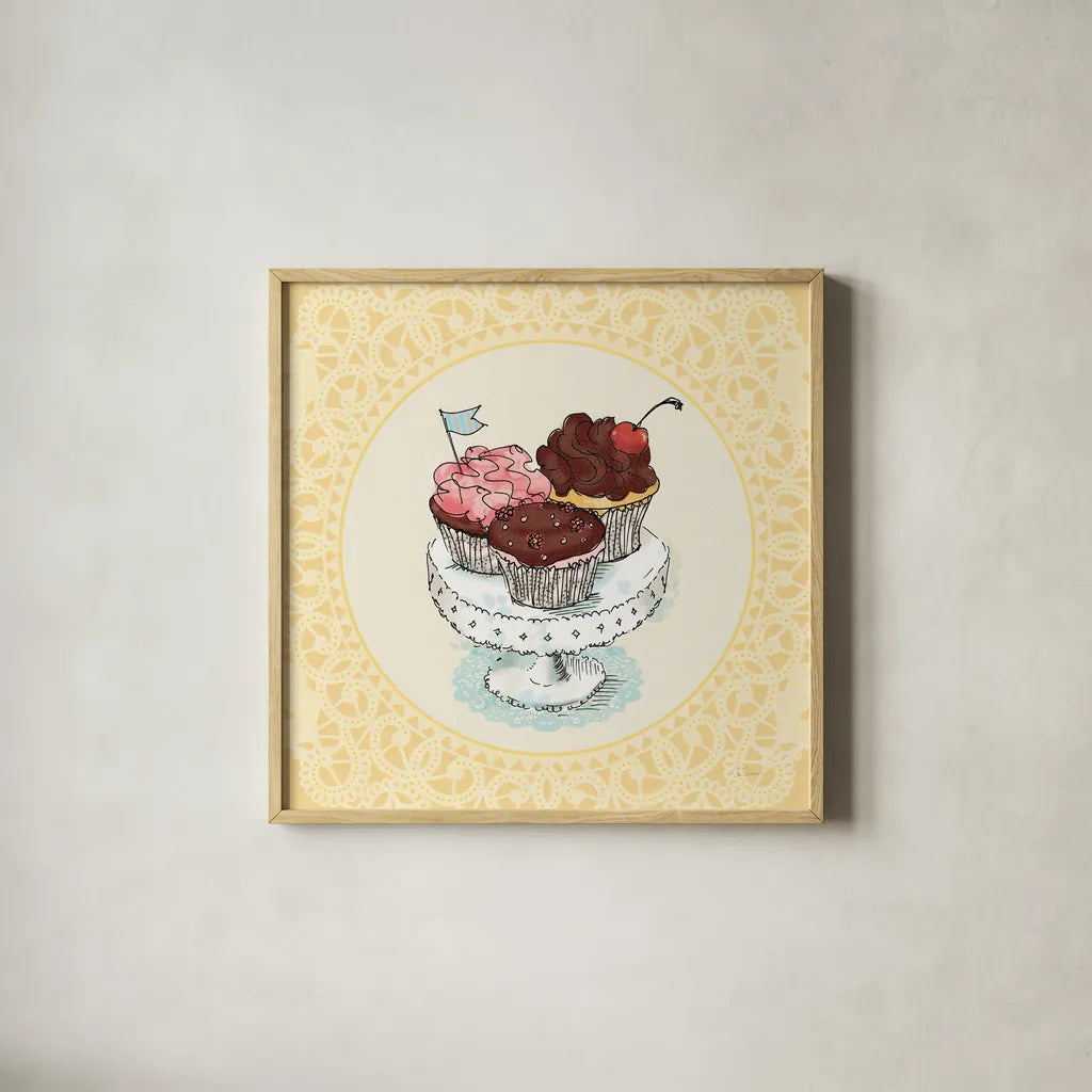 Dessert Please II v2 by Sue Schlabach. Shown in a natural wood glass frame for a timeless modern aesthetic. Available as an archival giclee rolled canvas, fine art paper, or poster print. SKU 100792a.