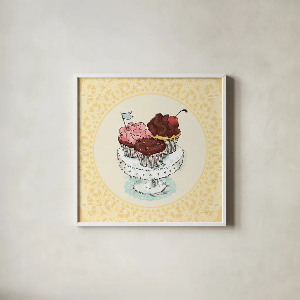 Dessert Please II v2 by Sue Schlabach. Shown in a crisp white glass frame for a clean and minimalist style. Available as an archival giclee rolled canvas, fine art paper, or poster print. SKU 100792a.