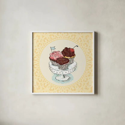 Dessert Please II v2 by Sue Schlabach. Shown in a crisp white glass frame for a clean and minimalist style. Available as an archival giclee rolled canvas, fine art paper, or poster print. SKU 100792a.