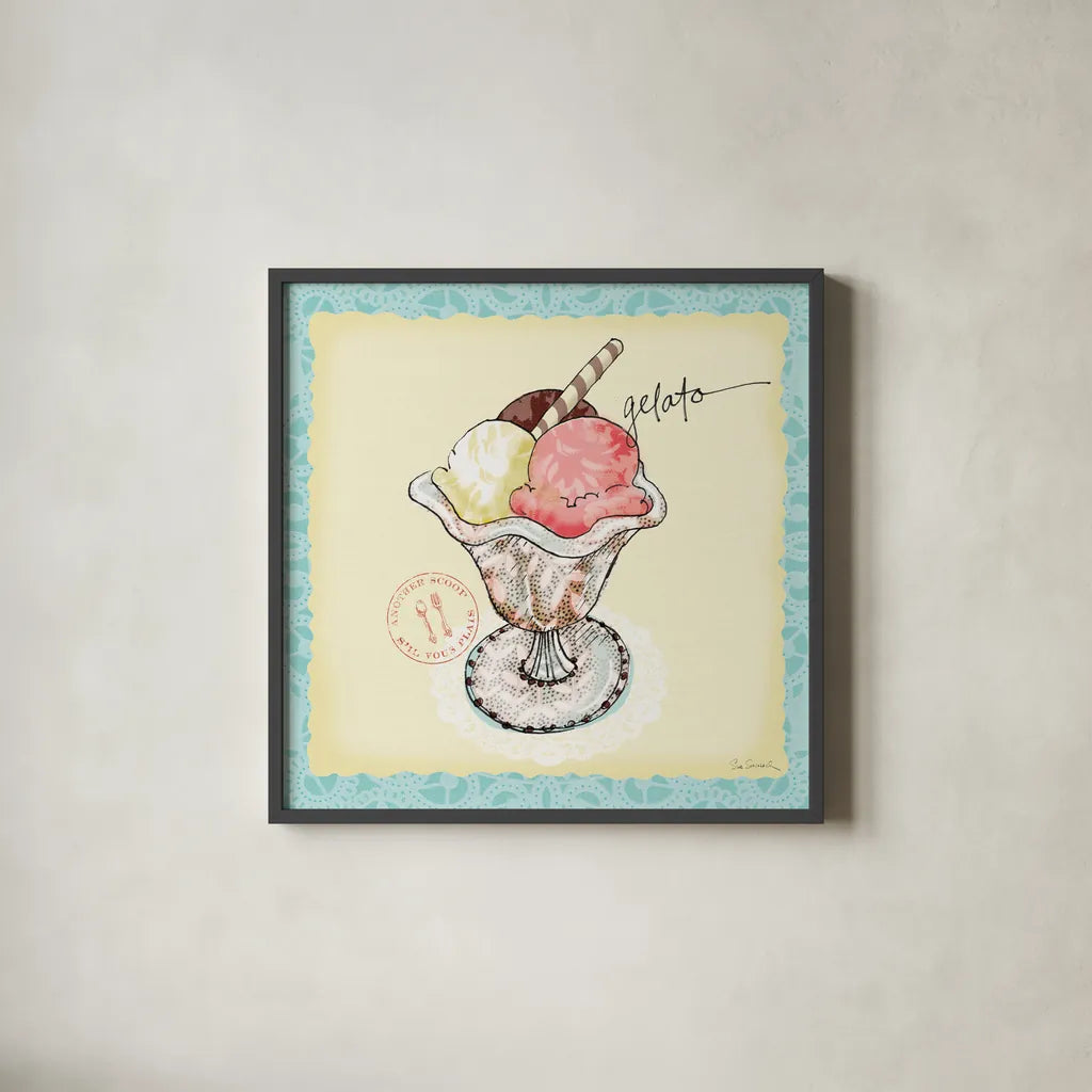 Dessert Please III by Sue Schlabach. Shown in a sleek black glass frame for a contemporary gallery look. Available as an archival giclee rolled canvas, fine art paper, or poster print. SKU 31792a.