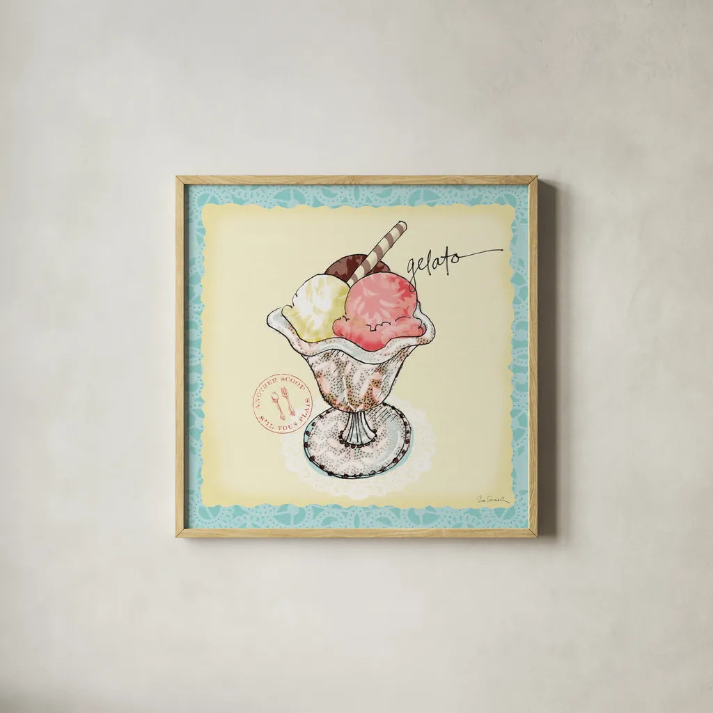 Dessert Please III by Sue Schlabach. Shown in a natural wood glass frame for a timeless modern aesthetic. Available as an archival giclee rolled canvas, fine art paper, or poster print. SKU 31792a.