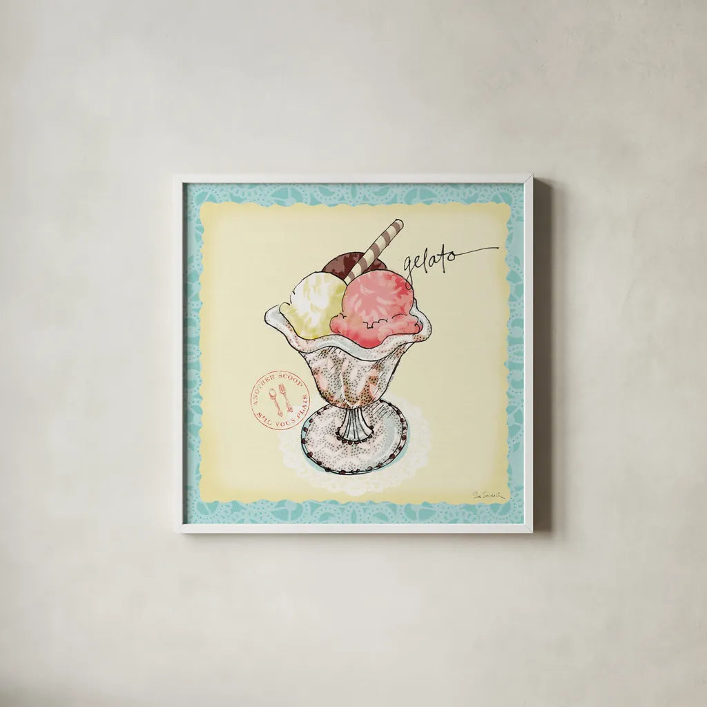 Dessert Please III by Sue Schlabach. Shown in a crisp white glass frame for a clean and minimalist style. Available as an archival giclee rolled canvas, fine art paper, or poster print. SKU 31792a.