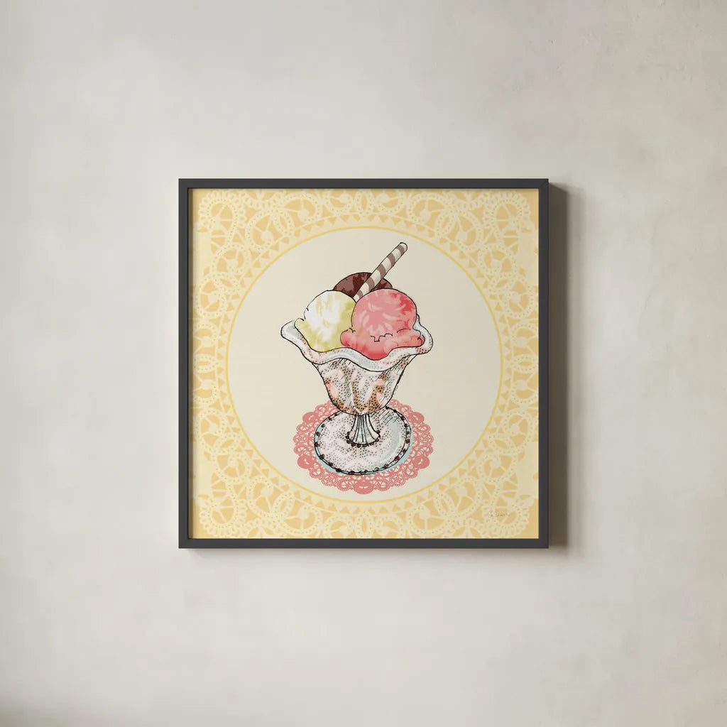 Dessert Please III v2 by Sue Schlabach. Shown in a sleek black glass frame for a contemporary gallery look. Available as an archival giclee rolled canvas, fine art paper, or poster print. SKU 100793a.