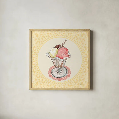 Dessert Please III v2 by Sue Schlabach. Shown in a natural wood glass frame for a timeless modern aesthetic. Available as an archival giclee rolled canvas, fine art paper, or poster print. SKU 100793a.