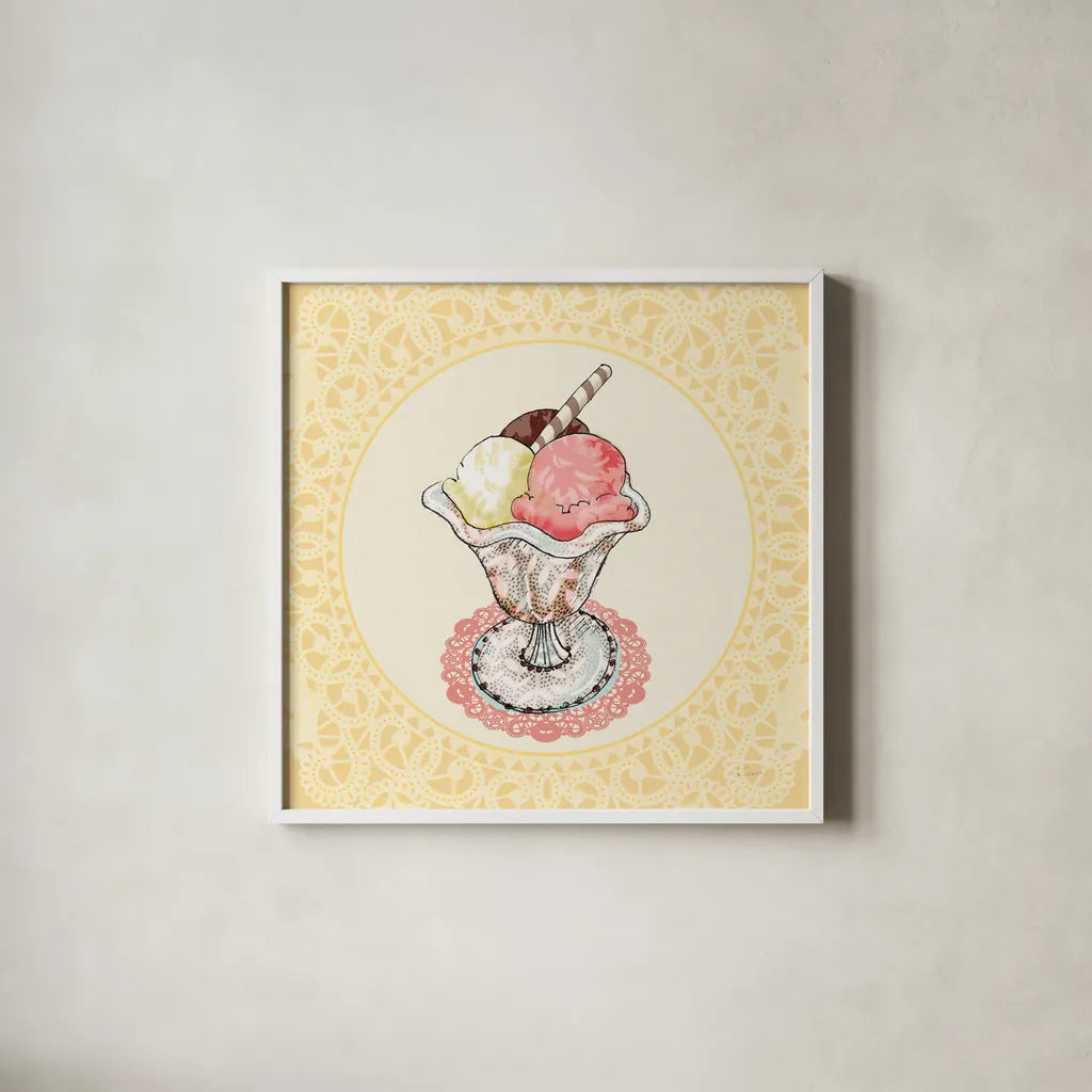 Dessert Please III v2 by Sue Schlabach. Shown in a crisp white glass frame for a clean and minimalist style. Available as an archival giclee rolled canvas, fine art paper, or poster print. SKU 100793a.