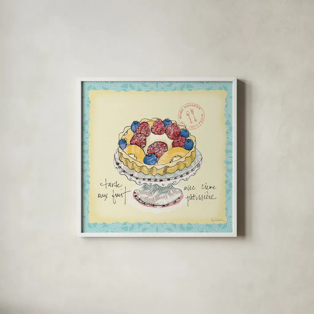 Dessert Please IV by Sue Schlabach. Shown in a crisp white glass frame for a clean and minimalist style. Available as an archival giclee rolled canvas, fine art paper, or poster print. SKU 31793a.
