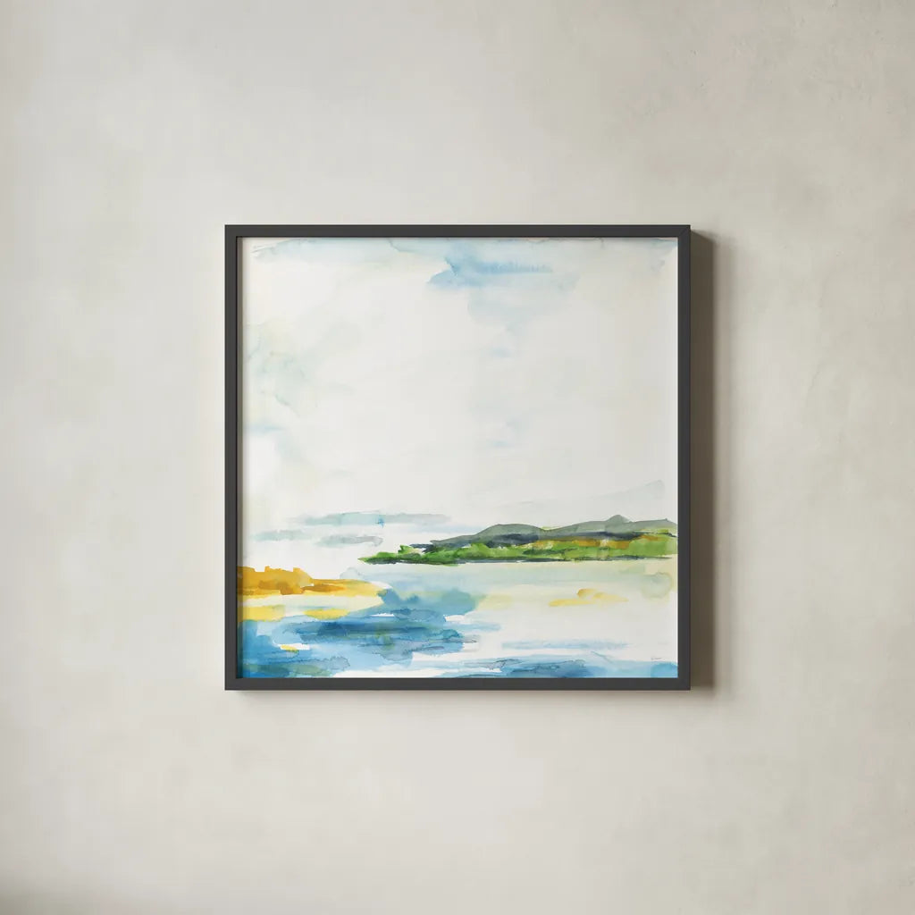 Distant Islands by Sue Schlabach. Shown in a sleek black glass frame for a contemporary gallery look. Available as an archival giclee rolled canvas, fine art paper, or poster print. SKU 63419a.