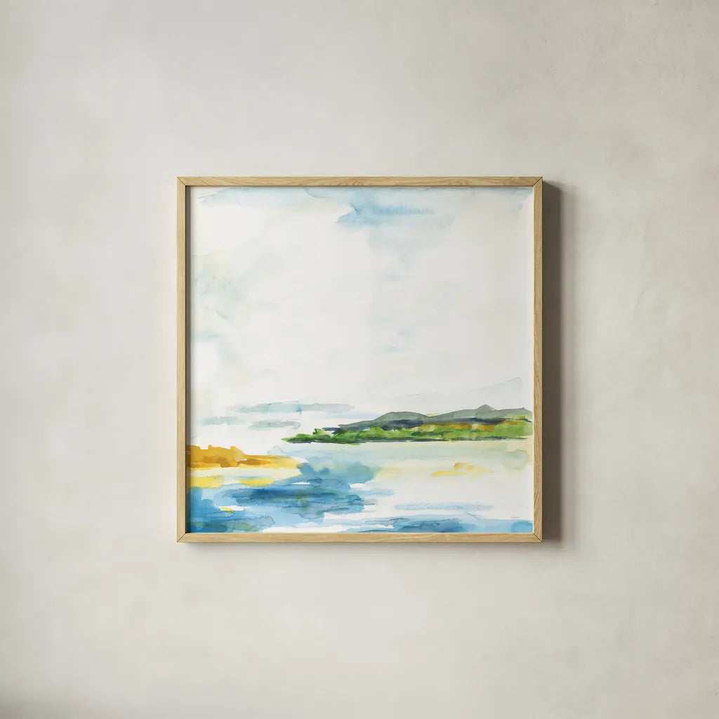 Distant Islands by Sue Schlabach. Shown in a natural wood glass frame for a timeless modern aesthetic. Available as an archival giclee rolled canvas, fine art paper, or poster print. SKU 63419a.