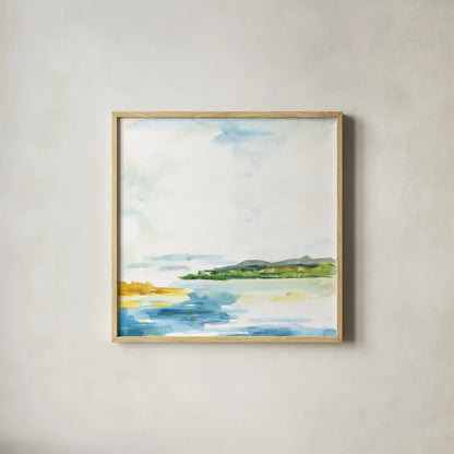 Distant Islands by Sue Schlabach. Shown in a natural wood glass frame for a timeless modern aesthetic. Available as an archival giclee rolled canvas, fine art paper, or poster print. SKU 63419a.