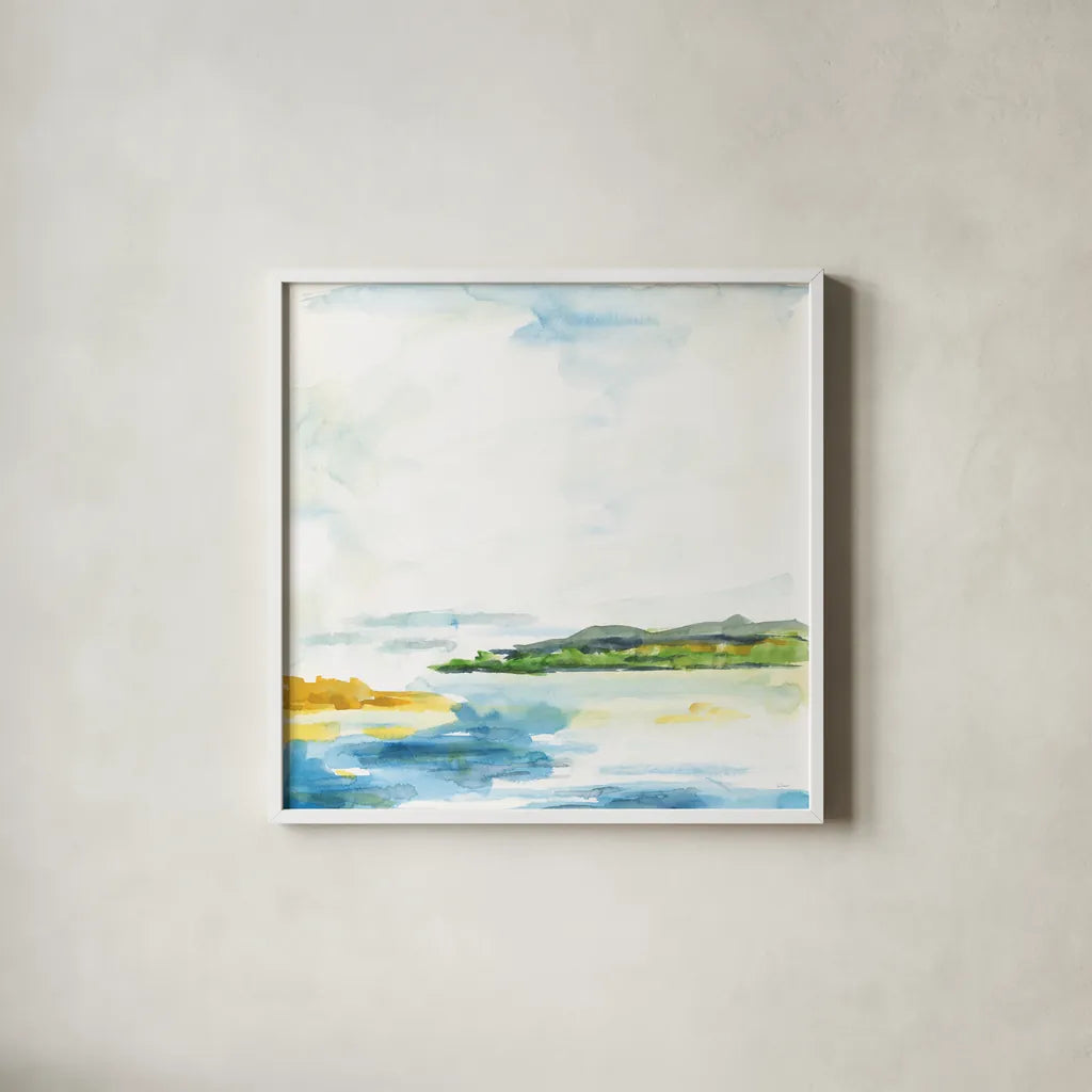Distant Islands by Sue Schlabach. Shown in a crisp white glass frame for a clean and minimalist style. Available as an archival giclee rolled canvas, fine art paper, or poster print. SKU 63419a.