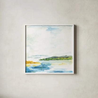 Distant Islands by Sue Schlabach. Shown in a crisp white glass frame for a clean and minimalist style. Available as an archival giclee rolled canvas, fine art paper, or poster print. SKU 63419a.