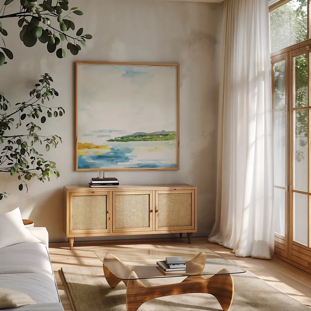 Distant Islands by Sue Schlabach. Shown in a natural wood frame in a cozy modern living room. Available as an archival giclee rolled canvas, fine art paper, or poster print. SKU 63419a.