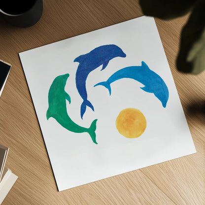 Dolphin Dance by Sue Schlabach. Shown as a detailed flat fine art print, highlighting archival giclee quality. Available as an archival giclee rolled canvas, fine art paper, or poster print. SKU 65509a.