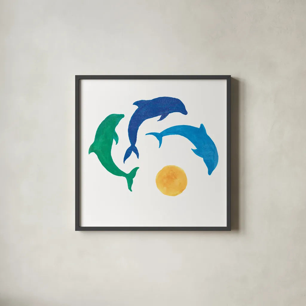 Dolphin Dance by Sue Schlabach. Shown in a sleek black glass frame for a contemporary gallery look. Available as an archival giclee rolled canvas, fine art paper, or poster print. SKU 65509a.