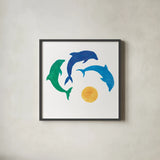 Dolphin Dance by Sue Schlabach. Shown in a sleek black glass frame for a contemporary gallery look. Available as an archival giclee rolled canvas, fine art paper, or poster print. SKU 65509a.