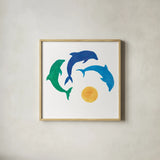 Dolphin Dance by Sue Schlabach. Shown in a natural wood glass frame for a timeless modern aesthetic. Available as an archival giclee rolled canvas, fine art paper, or poster print. SKU 65509a.