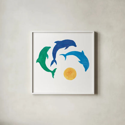 Dolphin Dance by Sue Schlabach. Shown in a crisp white glass frame for a clean and minimalist style. Available as an archival giclee rolled canvas, fine art paper, or poster print. SKU 65509a.