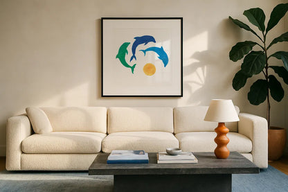 Dolphin Dance by Sue Schlabach. Displayed in a glass frame with matte in a clean modern living room. Available as an archival giclee rolled canvas, fine art paper, or poster print. SKU 65509a.