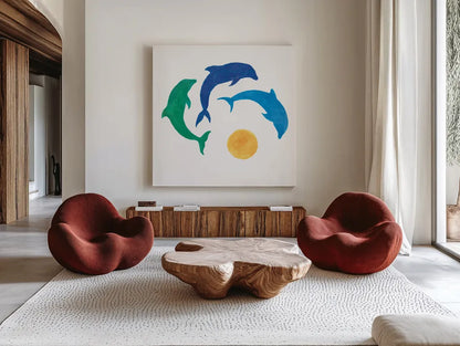 Dolphin Dance by Sue Schlabach. Shown as extra-large giant wall art in a modern living room. Available as an archival giclee rolled canvas, fine art paper, or poster print. SKU 65509a.