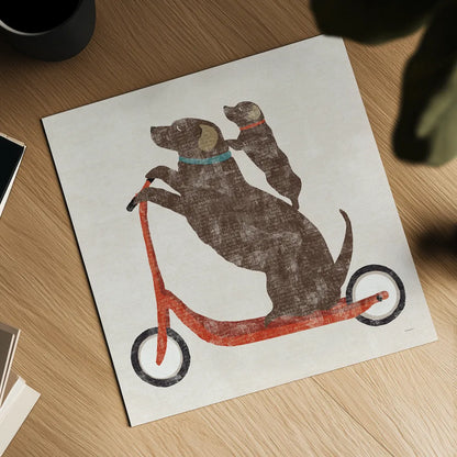 Doxie Ride Working by Sue Schlabach. Shown as a detailed flat fine art print, highlighting archival giclee quality. Available as an archival giclee rolled canvas, fine art paper, or poster print. SKU 68420a.