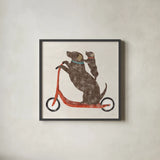 Doxie Ride Working by Sue Schlabach. Shown in a sleek black glass frame for a contemporary gallery look. Available as an archival giclee rolled canvas, fine art paper, or poster print. SKU 68420a.