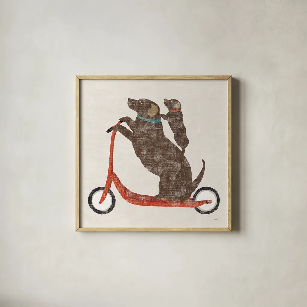 Doxie Ride Working by Sue Schlabach. Shown in a natural wood glass frame for a timeless modern aesthetic. Available as an archival giclee rolled canvas, fine art paper, or poster print. SKU 68420a.