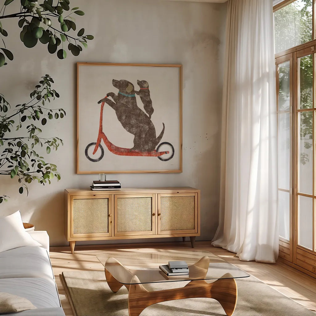 Doxie Ride Working by Sue Schlabach. Shown in a natural wood frame in a cozy modern living room. Available as an archival giclee rolled canvas, fine art paper, or poster print. SKU 68420a.