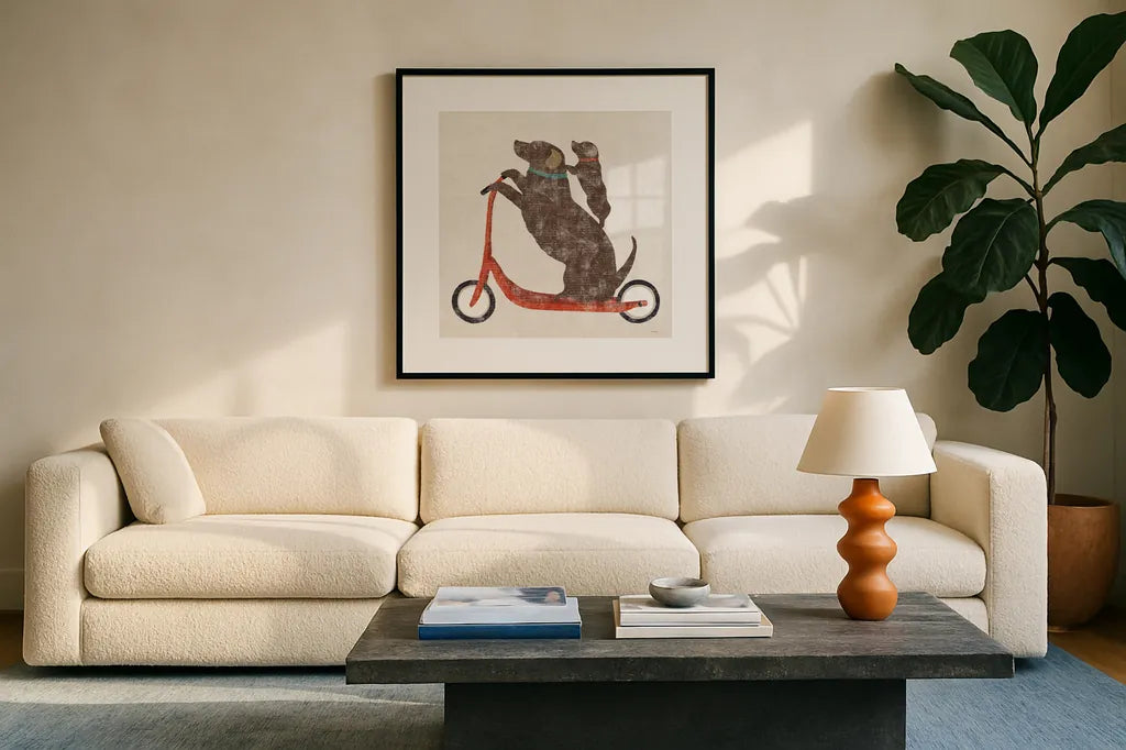 Doxie Ride Working by Sue Schlabach. Displayed in a glass frame with matte in a clean modern living room. Available as an archival giclee rolled canvas, fine art paper, or poster print. SKU 68420a.