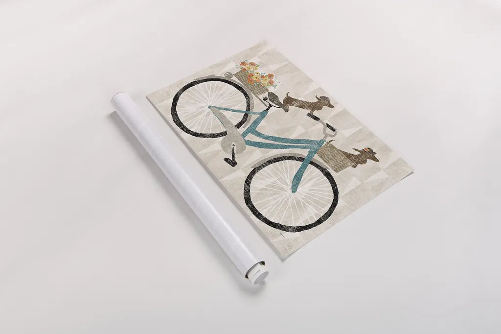 Doxie Ride ver I by Sue Schlabach. shown as a rolled paper print. Available as archival giclee rolled canvas, fine art paper, or poster print. SKU 22130i.