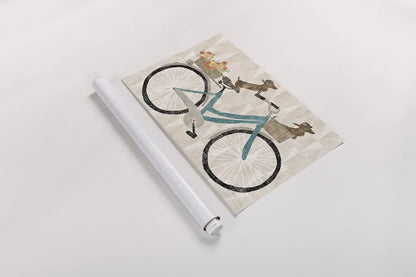 Doxie Ride ver I by Sue Schlabach. shown as a rolled paper print. Available as archival giclee rolled canvas, fine art paper, or poster print. SKU 22130i.