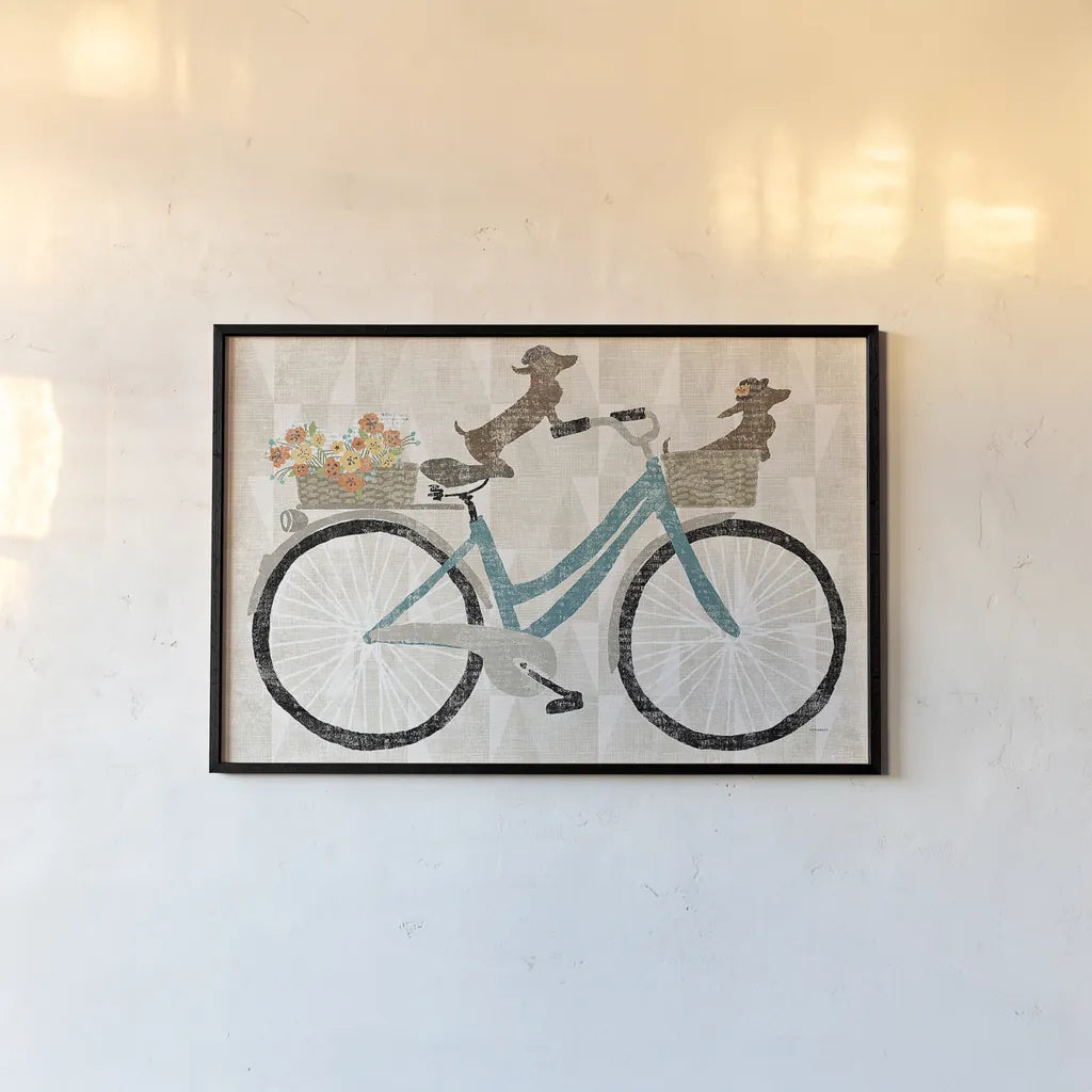 Doxie Ride ver I by Sue Schlabach. shown as a paper print in a black flame. Available as a archival giclee rolled canvas, fine art paper, or poster print. SKU 22130i.