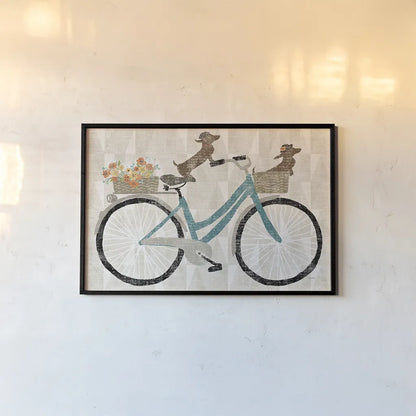 Doxie Ride ver I by Sue Schlabach. shown as a paper print in a black flame. Available as a archival giclee rolled canvas, fine art paper, or poster print. SKU 22130i.