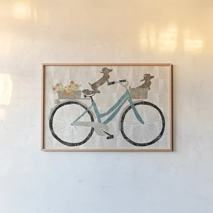 Doxie Ride ver I by Sue Schlabach. shown as a paper print in a natural frame. Available as a archival giclee rolled canvas, fine art paper, or poster print. SKU 22130i.