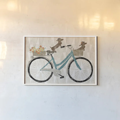 Doxie Ride ver I by Sue Schlabach. shown as a paper print in a white frame. Available as a archival giclee rolled canvas, fine art paper, or poster print. SKU 22130i.