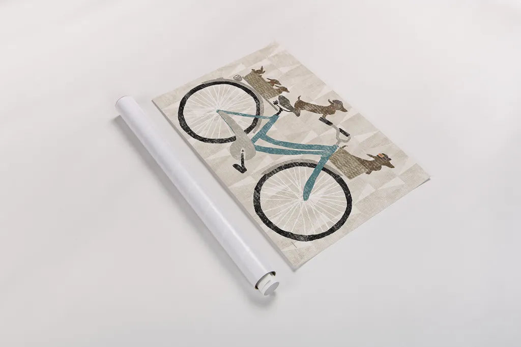 Doxie Ride ver II by Sue Schlabach. shown as a rolled paper print. Available as archival giclee rolled canvas, fine art paper, or poster print. SKU 22131i.