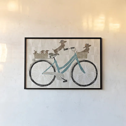 Doxie Ride ver II by Sue Schlabach. shown as a paper print in a black flame. Available as a archival giclee rolled canvas, fine art paper, or poster print. SKU 22131i.