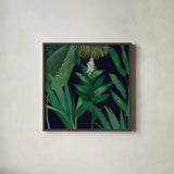 Dramatic Tropical I by Sue Schlabach. Shown in a sleek black glass frame for a contemporary gallery look. Available as an archival giclee rolled canvas, fine art paper, or poster print. SKU 50353a.