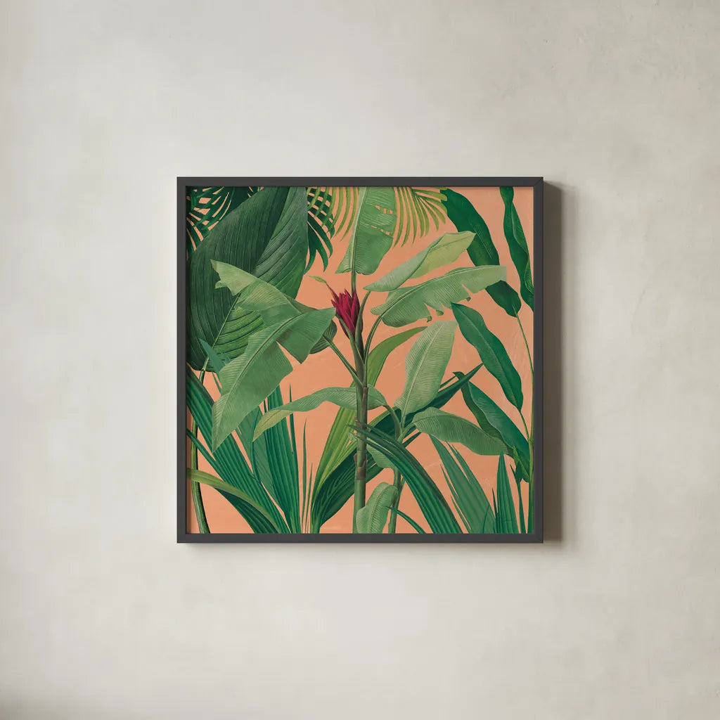 Dramatic Tropical I Boho by Sue Schlabach. Shown in a sleek black glass frame for a contemporary gallery look. Available as an archival giclee rolled canvas, fine art paper, or poster print. SKU 69955a.