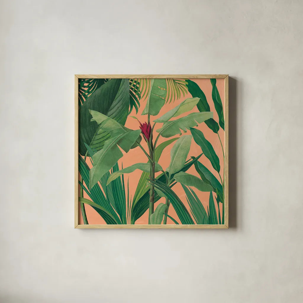 Dramatic Tropical I Boho by Sue Schlabach. Shown in a natural wood glass frame for a timeless modern aesthetic. Available as an archival giclee rolled canvas, fine art paper, or poster print. SKU 69955a.