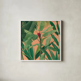 Dramatic Tropical I Boho by Sue Schlabach. Shown in a crisp white glass frame for a clean and minimalist style. Available as an archival giclee rolled canvas, fine art paper, or poster print. SKU 69955a.