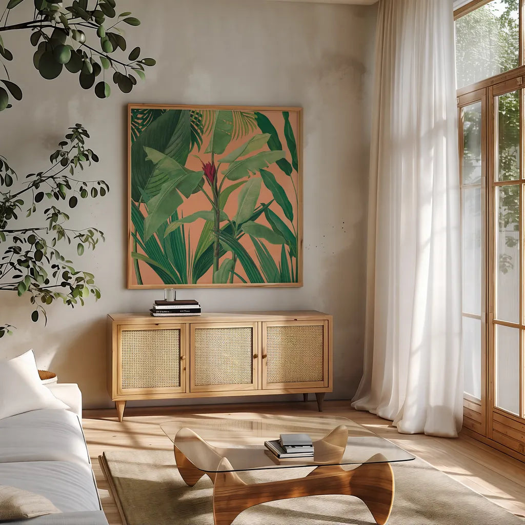 Dramatic Tropical I Boho by Sue Schlabach. Shown in a natural wood frame in a cozy modern living room. Available as an archival giclee rolled canvas, fine art paper, or poster print. SKU 69955a.