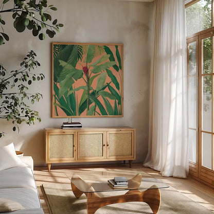 Dramatic Tropical I Boho by Sue Schlabach. Shown in a natural wood frame in a cozy modern living room. Available as an archival giclee rolled canvas, fine art paper, or poster print. SKU 69955a.