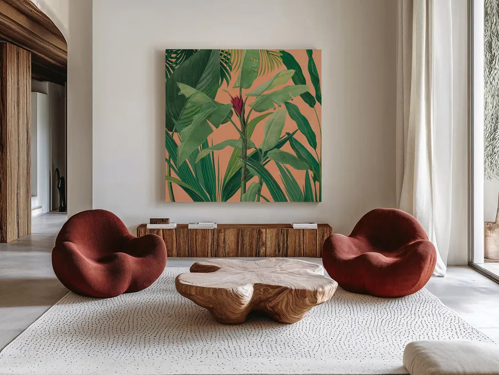 Dramatic Tropical I Boho by Sue Schlabach. Shown as extra-large giant wall art in a modern living room. Available as an archival giclee rolled canvas, fine art paper, or poster print. SKU 69955a.