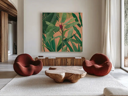 Dramatic Tropical I Boho by Sue Schlabach. Shown as extra-large giant wall art in a modern living room. Available as an archival giclee rolled canvas, fine art paper, or poster print. SKU 69955a.