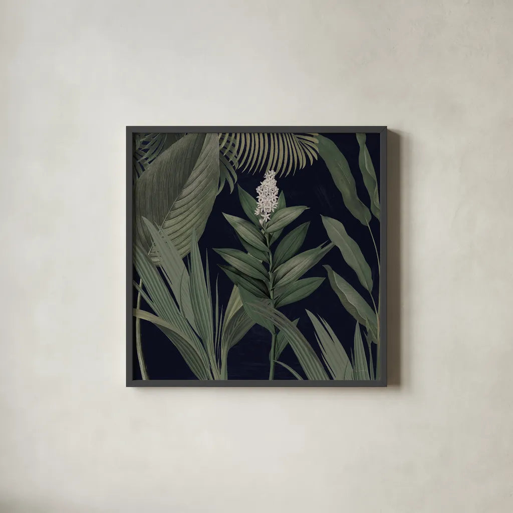 Dramatic Tropical I Light by Sue Schlabach. Shown in a sleek black glass frame for a contemporary gallery look. Available as an archival giclee rolled canvas, fine art paper, or poster print. SKU 51214a.