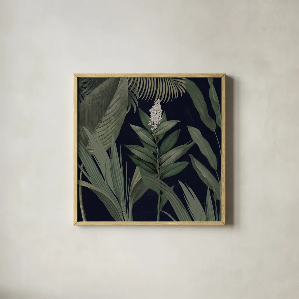 Dramatic Tropical I Light by Sue Schlabach. Shown in a natural wood glass frame for a timeless modern aesthetic. Available as an archival giclee rolled canvas, fine art paper, or poster print. SKU 51214a.