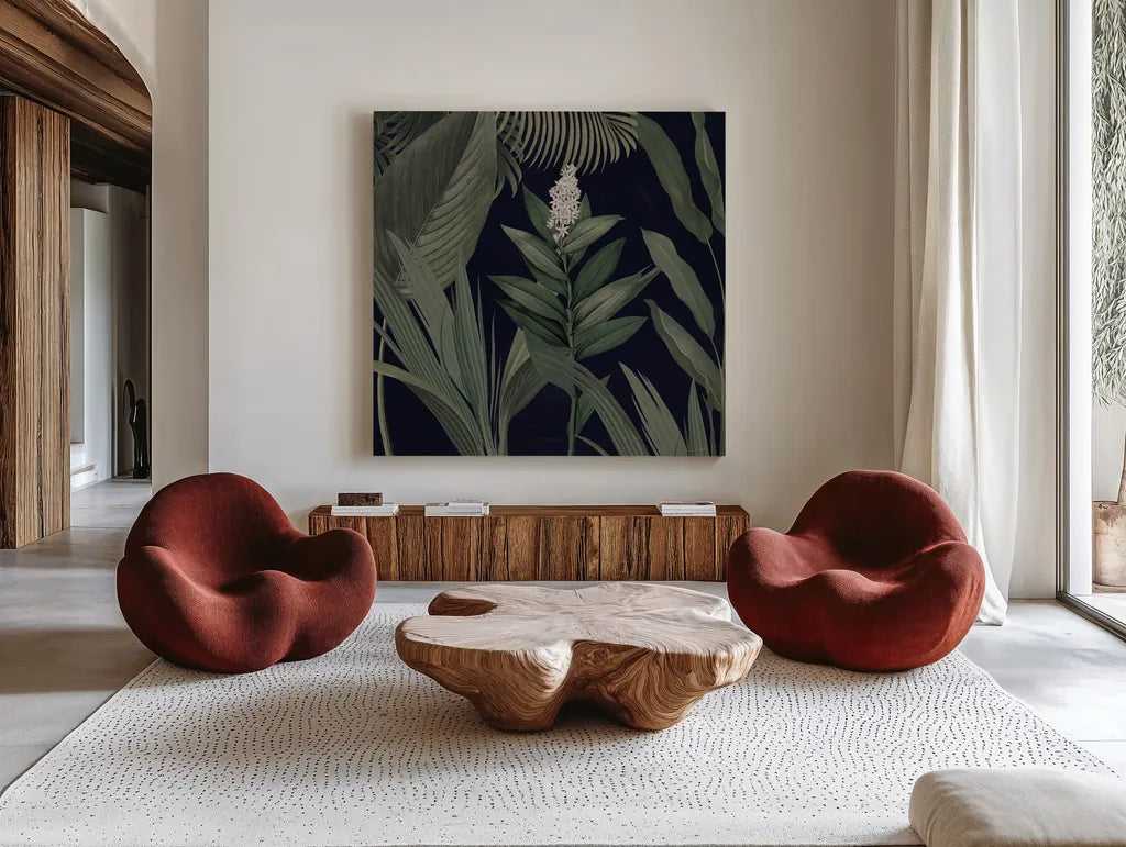 Dramatic Tropical I Light by Sue Schlabach. Shown as extra-large giant wall art in a modern living room. Available as an archival giclee rolled canvas, fine art paper, or poster print. SKU 51214a.