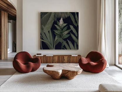 Dramatic Tropical I Light by Sue Schlabach. Shown as extra-large giant wall art in a modern living room. Available as an archival giclee rolled canvas, fine art paper, or poster print. SKU 51214a.