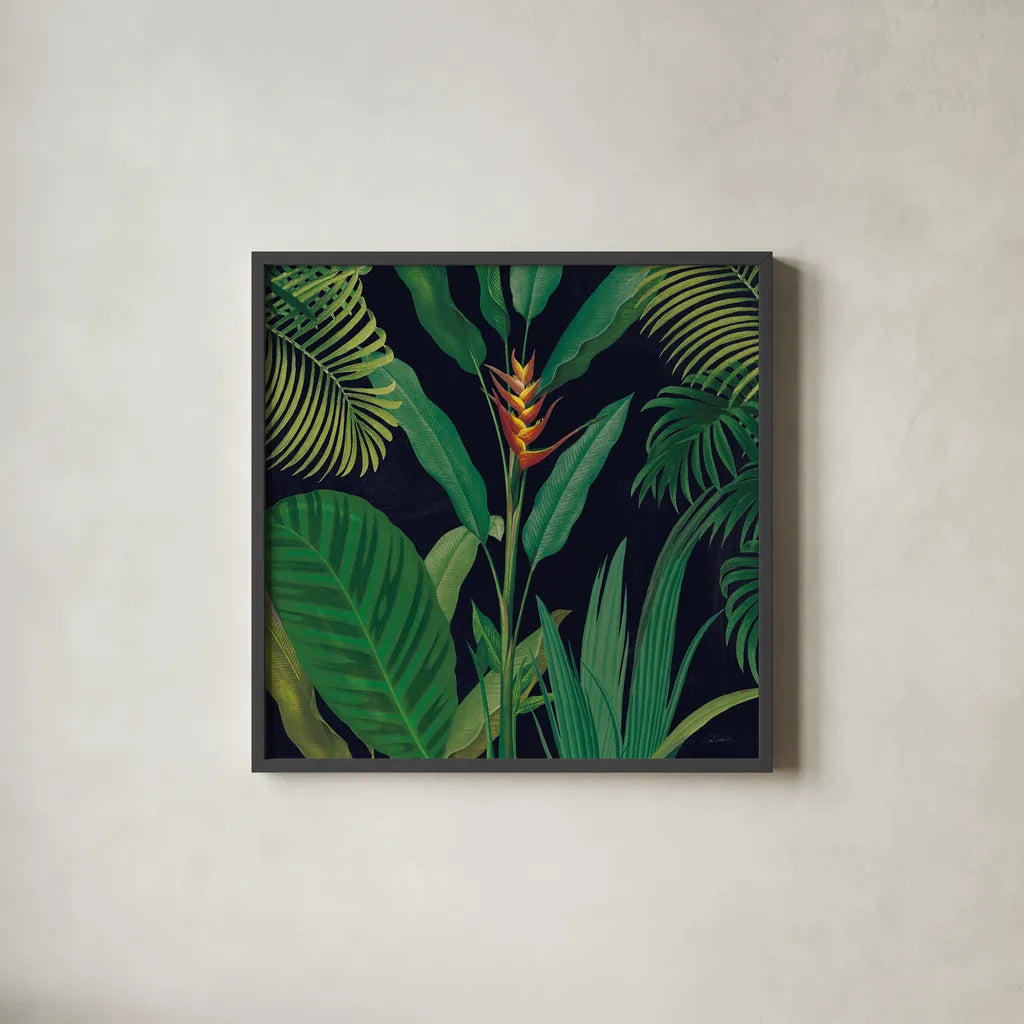 Dramatic Tropical II by Sue Schlabach. Shown in a sleek black glass frame for a contemporary gallery look. Available as an archival giclee rolled canvas, fine art paper, or poster print. SKU 50354a.