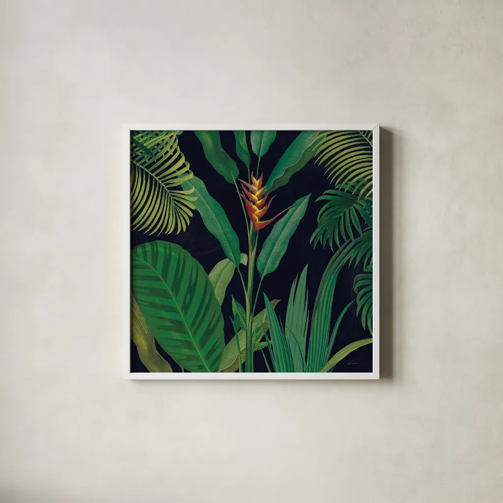 Dramatic Tropical II by Sue Schlabach. Shown in a crisp white glass frame for a clean and minimalist style. Available as an archival giclee rolled canvas, fine art paper, or poster print. SKU 50354a.